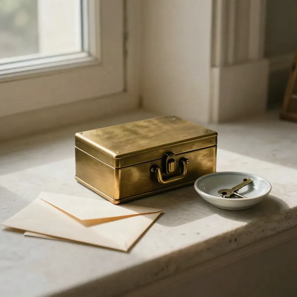 Brass lockbox, blank envelope and ceramic key dish on pale stone in warm window light.
