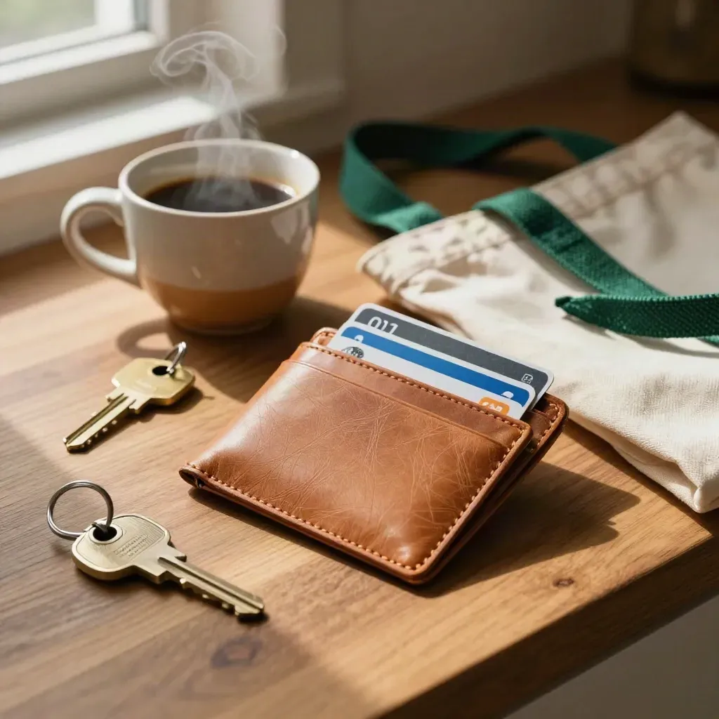 Open wallet with debit card, steaming coffee cup, house key, and grocery tote on warm wood.