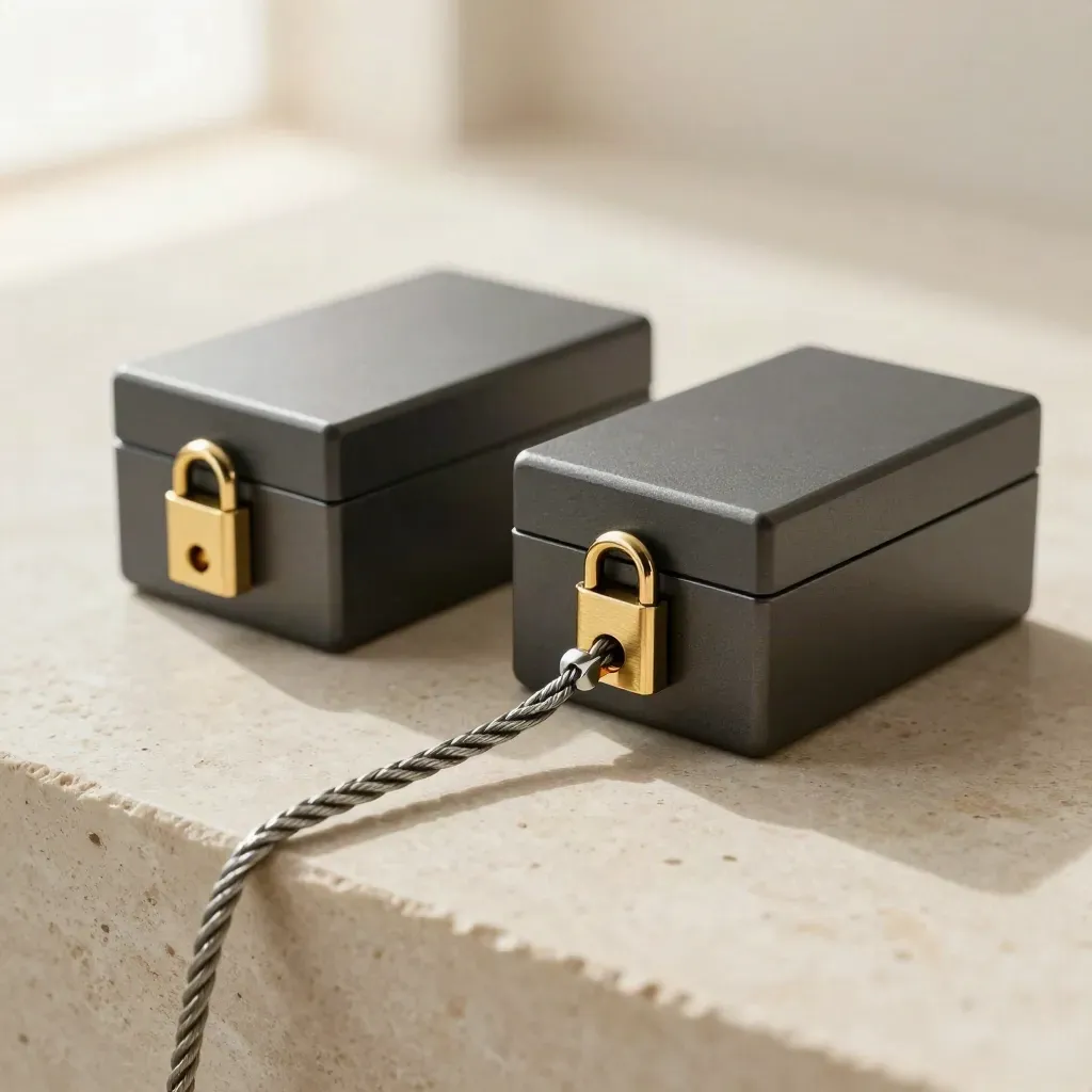 Two matte lockboxes linked by a braided steel cable on pale stone, lit by warm window light.