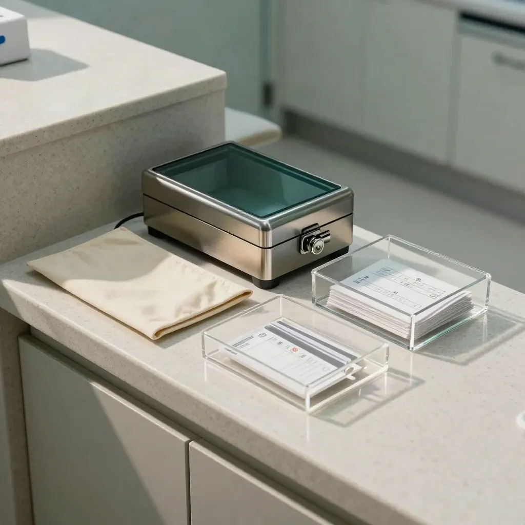 Dental office finance station with terminal, lockbox, deposit pouch and trays on quartz