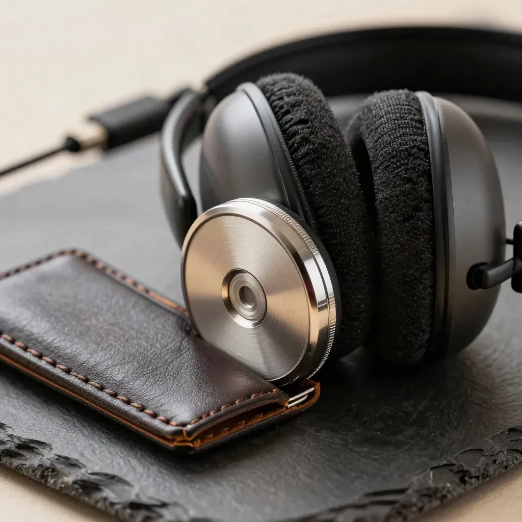 Macro of a biometric token, card sleeve, and headset earpad on a dark slate surface.