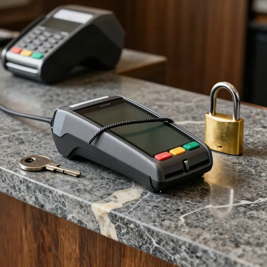 Card terminal, braided cable, and brass key on stone in a dim merchant counter still life.