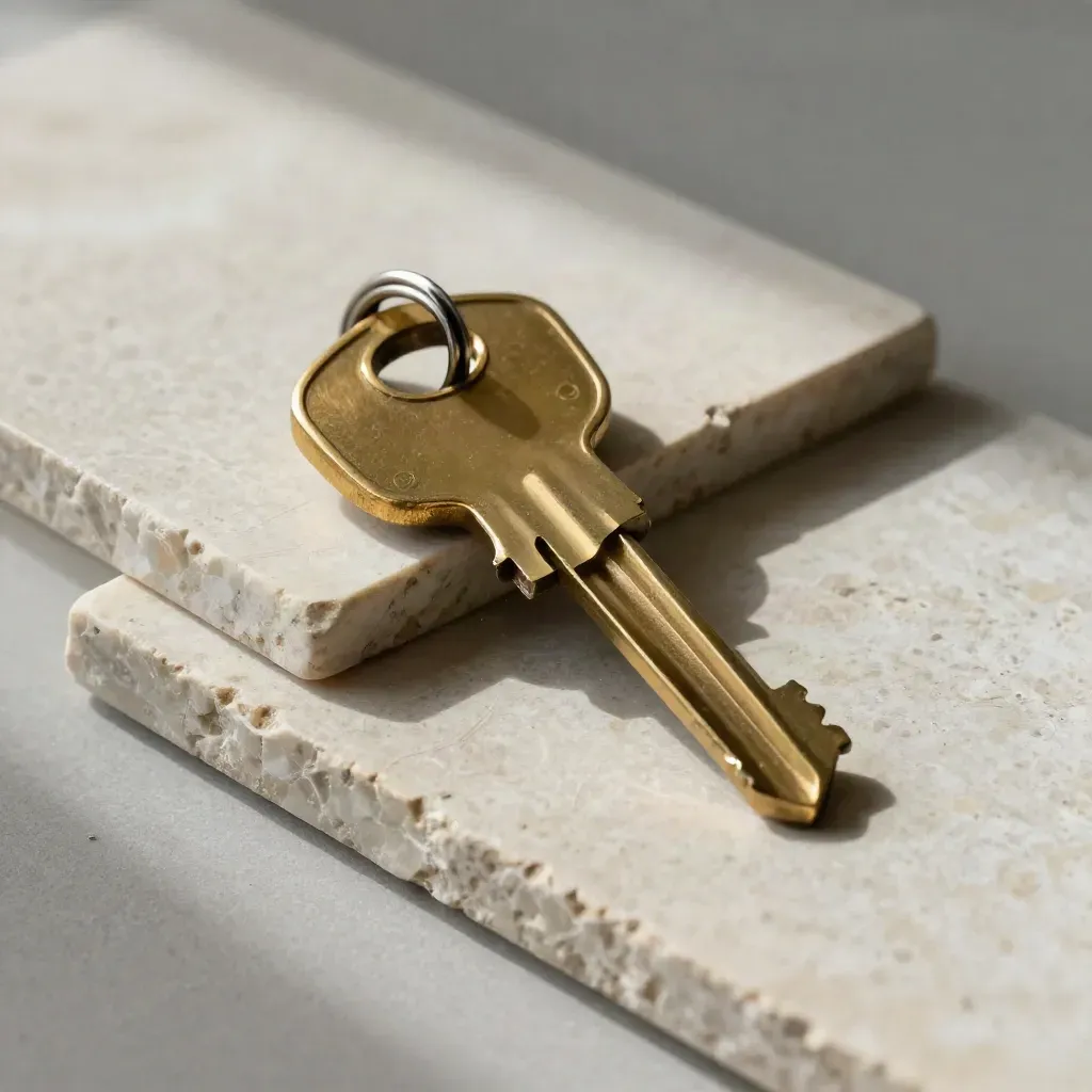 House key, brass lock cylinder and stone sample on pale plaster with dramatic light