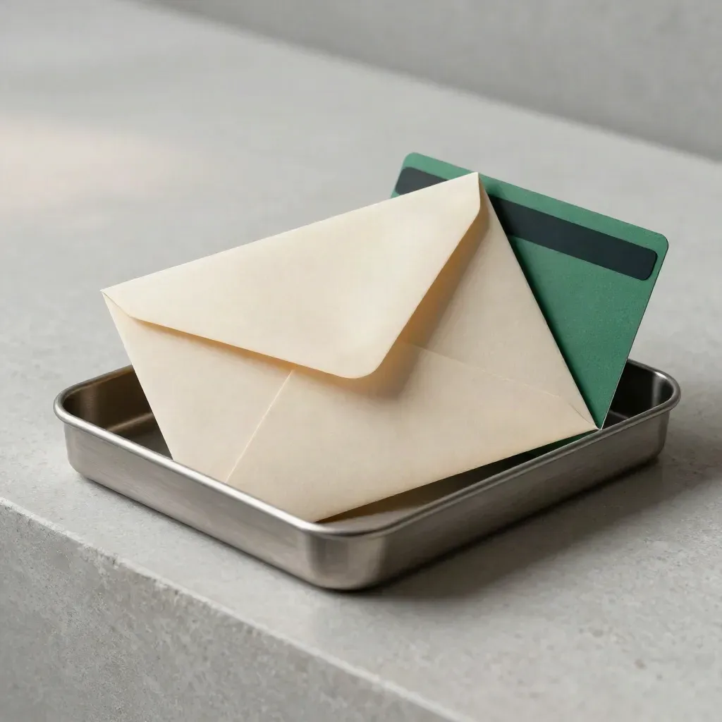Cash envelope sliding into a deposit tray beside a debit card sleeve on pale plaster.