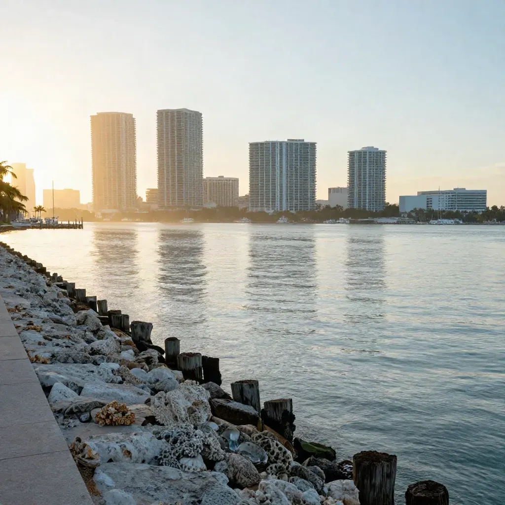 Miami bay at sunrise with hazy skyline, palms, and calm water