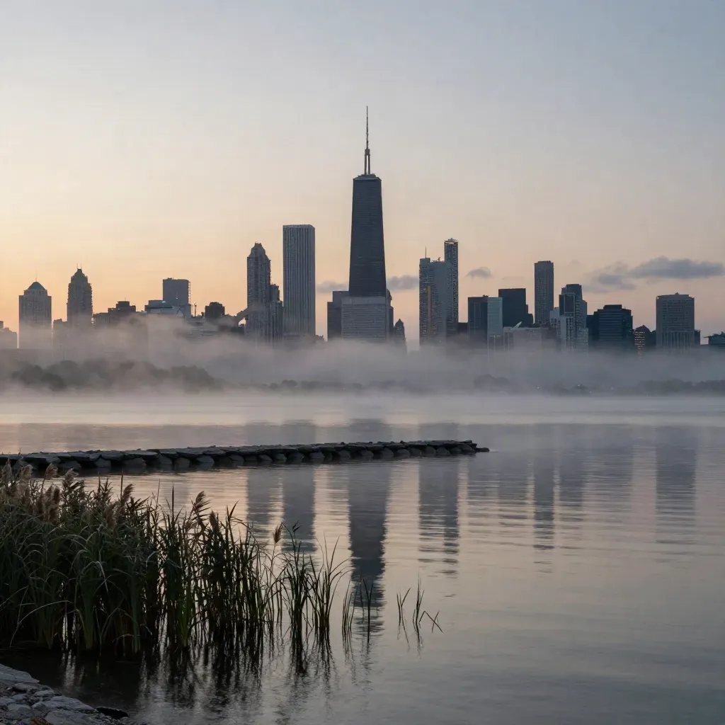 Chicago lakefront skyline at dusk over glassy water, mist, and a slate breakwater